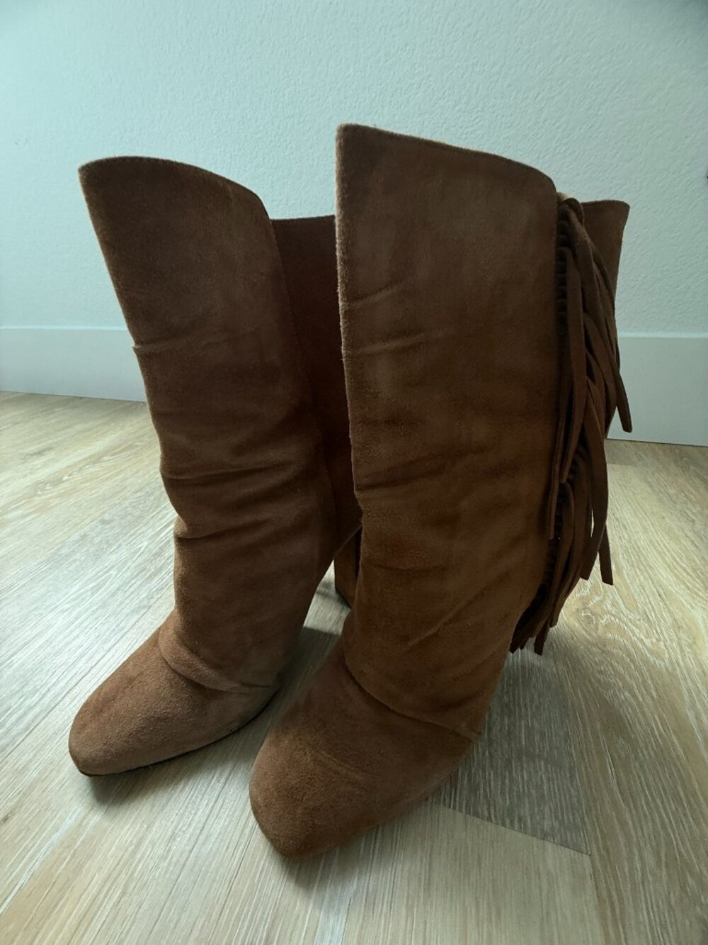 Giuseppe Zanotti "Alabama 105" suede fringe boots, camel/tan, size 38.5